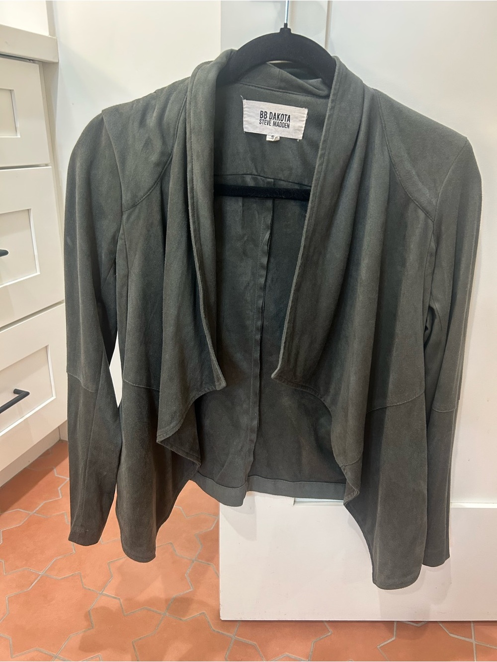 BB Dakota Olive Draped Open-Front Suede-Look Jacket